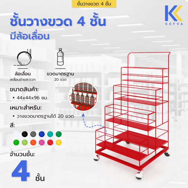 ชั้นวางขวด มีล้อ 4 ชั้น ขนาด 44x44x96 cm ชั้นวางขวดน้ำอัดลม ชั้นวางขวดโค้ก ชั้นวางขวดน้ำมันเครื่อง