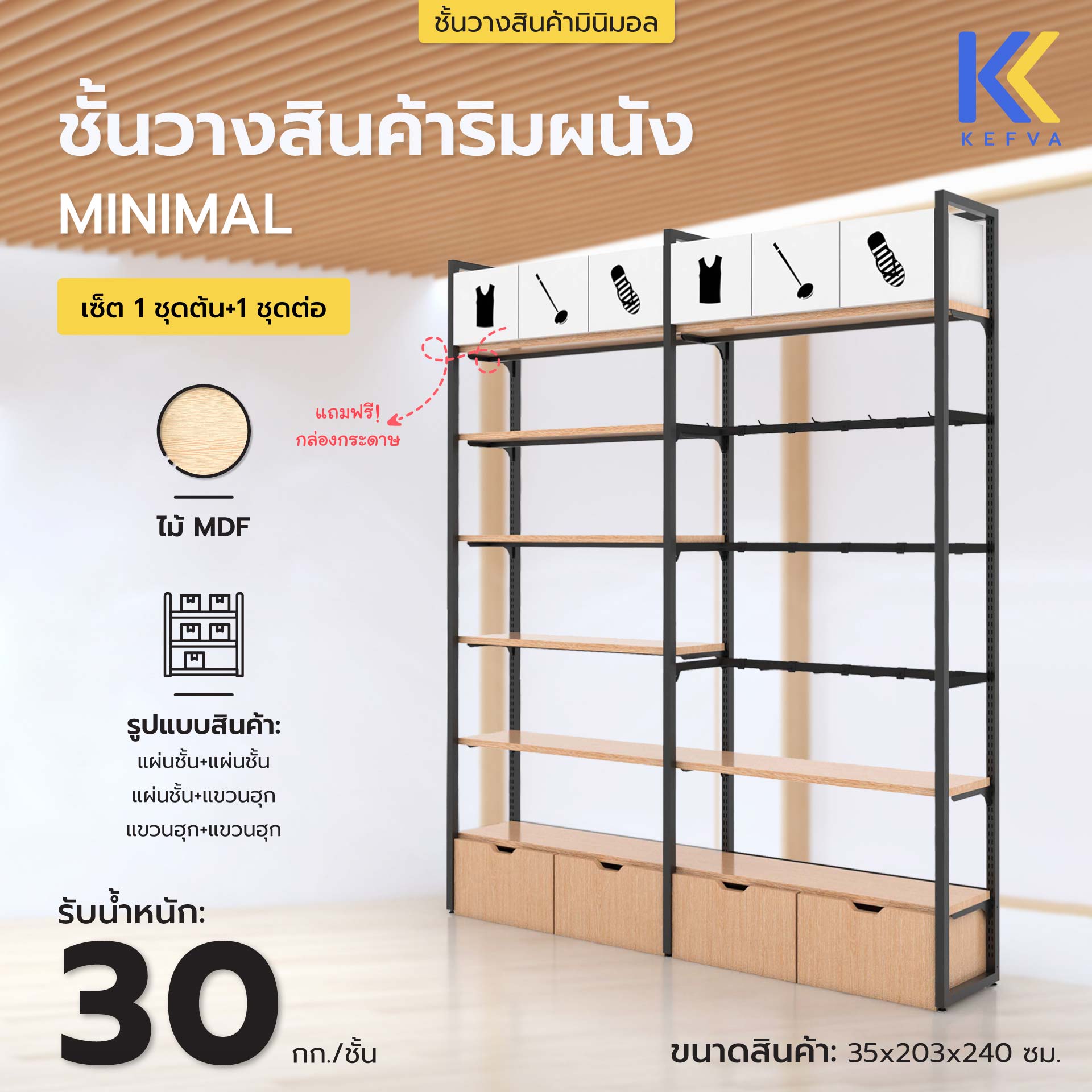 ชั้นวางของมินิมอล ชั้นไม้ผสมเหล็ก เซ็ตริมผนัง1ชุดต้น+ชุดต่อ